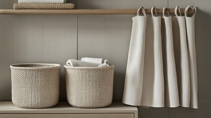 Minimalist and sleek Scandinavian home storage featuring light wooden tones and woven baskets.