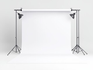 Professional photography studio setup with white backdrop and lighting equipment
