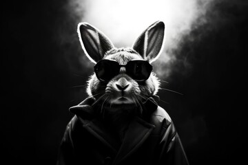 Cool rabbit in sunglasses and leather jacket. Anthropomorphic animal portrait. Black and white image of tough bunny character. Moody and edgy concept art for urban wildlife
