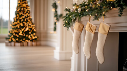 Elegant mantelpiece adorned with pine garlands and stockings for a festive christmas decor