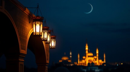 Fototapeta premium Ramadan Kareem image with mosque, crescent moon and festive vibes