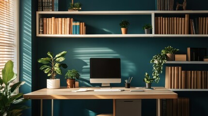 Modern home office with bookshelves and plants. Sunlight streams in. Ideal for a work-from-home setup
