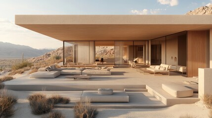 Fototapeta premium Minimalist open-concept living room extending to a spacious outdoor lounge, with sleek neutral dcor and cozy seating arrangements.