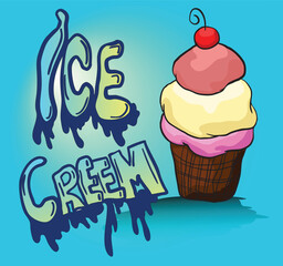 Delicious melting ice cream cone with cherry on top and graffiti lettering