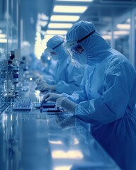 A team of laboratory technicians wearing blue protective suits and face shields working in a cleanroom environment.