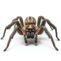 A detailed close-up of a spider showcasing its intricate body structure and hairy legs, highlighting its natural features against a white background.