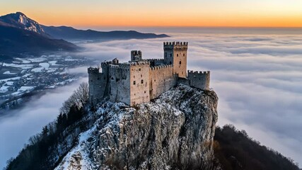 Castle perched on a rocky outcrop surrounded by mist at sunset near a mountain landscape - Powered by Adobe
