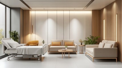 Modern hospital waiting room with comfortable seating, ideal for patient relaxation