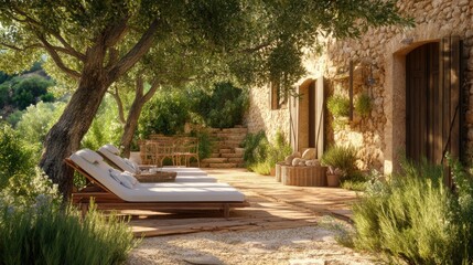 Fototapeta premium Modern Mediterranean-style terrace with sleek wooden furniture, soft linen fabrics, and lush olive trees.