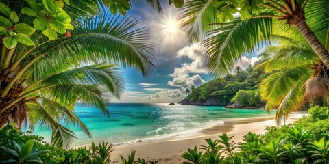 Fototapeta premium Vintage Tropical Beach Paradise Framed by Lush Foliage - A Serene Getaway with Sun-Kissed Sands, Turquoise Waters, and Vibrant Greenery, Perfect for Relaxation and Wanderlust Inspiration