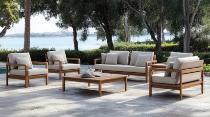 Obraz premium Modern Scandinavian outdoor lounge with sleek furniture, neutral colors, and a small wooden coffee table.