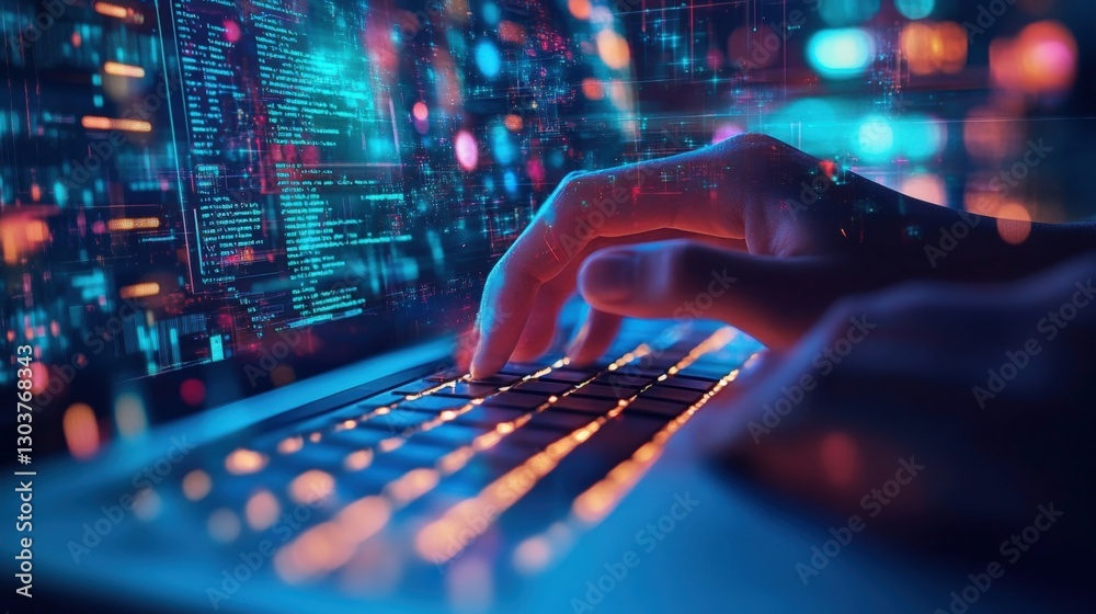 Poster hands typing on laptop keyboard with futuristic holographic software code displayed on the screen, r
