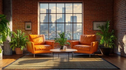 Modern loft living room with city view. Interior design