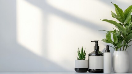 Sunlit Minimalist Bathroom Still Life:  Luxury Skincare Products and Greenery