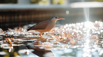 Elegant bird foraging among autumn leaves tranquil pond wildlife photography natural setting close-up beauty of nature