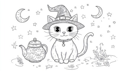 Cute witch cat coloring page with teapot and stars