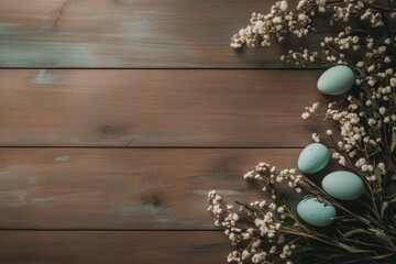 Easter eggs and white flowers creating a frame on rustic wooden background