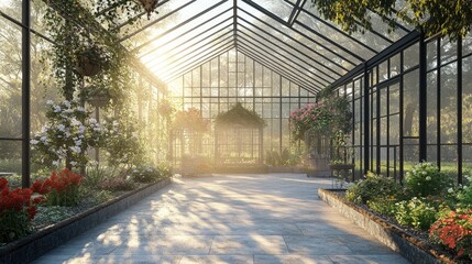 Obraz premium Peaceful courtyard featuring a cozy greenhouse, elegant garden decor, and a relaxing area for family gatherings.