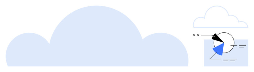 Large soft blue cloud shape with small analytics graph including pie chart and connected lines. Ideal for technology, analytics, cloud storage, data infrastructure, innovation, connectivity, flat