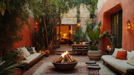 Fototapeta premium Rustic Mediterranean-style outdoor space with a cozy fire pit, warm terracotta decor, and soft ambient lighting.