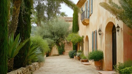 Obraz premium Rustic yet elegant Mediterranean garden retreat with soft pastel tones, lush greenery, and a warm, inviting atmosphere.