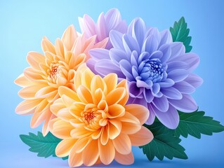 Obraz premium Vibrant bouquet of orange and purple flowers against a soft blue background