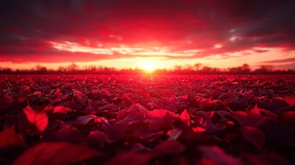 Sunset over red leaves on field, rural landscape
