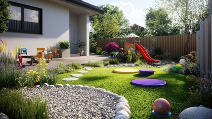 Obraz premium Serene backyard courtyard with a balance of green spaces, a relaxing corner, and a vibrant children's play area.
