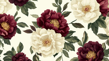Floral wallpaper featuring cream and burgundy peonies with leaves. Flourish - Tree. Illustration