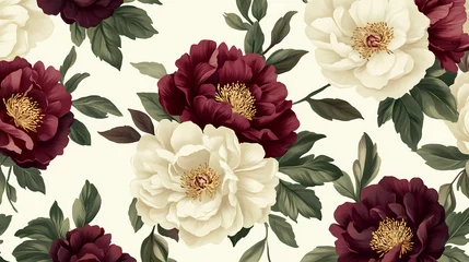 Gardinen Floral wallpaper featuring cream and burgundy peonies with leaves. Flourish - Tree. Illustration © Thiago