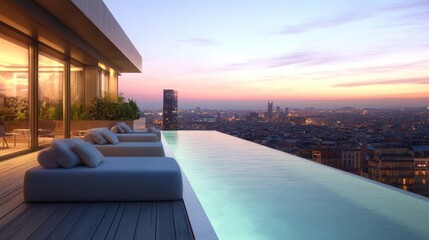 Fototapeta premium Luxury Rooftop Infinity Pool with City Skyline at Sunset