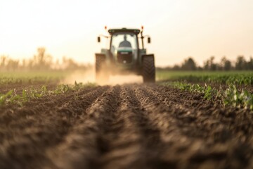 Tractor plowing agricultural field at sunset creating dust cloud