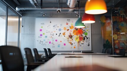 Modern office meeting room featuring a large whiteboard filled with brainstorming notes, colorful sticky notes, and vibrant lamps, creating a dynamic workspace