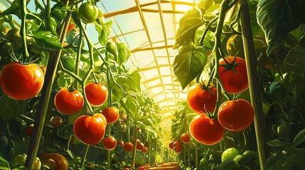 Tomatoes, cucumbers, and peppers flourish in a sunny greenhouse, showcasing the bounty of healthy plants and vibrant colors. generative ai. Flourish - Tree. Illustration