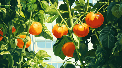 Tomatoes, cucumbers, and peppers flourish in a sunny greenhouse, showcasing the bounty of healthy plants and vibrant colors. generative ai. Flourish - Tree. Illustration