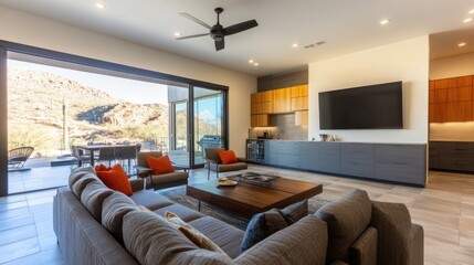 Stylish modern living room with an open floor plan, featuring large glass doors that lead to a relaxing outdoor retreat.