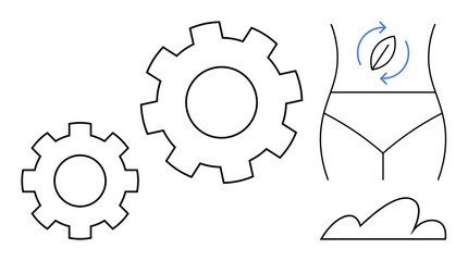 Gears representing system function, abdomen contour with arrows and leaf signifying digestion, wellness. Ideal for health, metabolism, gut health, fitness, diet body care natural remedies. A flat