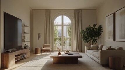 Fototapeta premium Warm and cozy living room with a Scandinavian touch, featuring a pinewood coffee table.