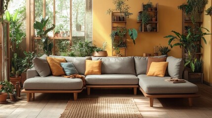Warm and inviting Scandinavian small living room with a modular sofa and wooden accents.