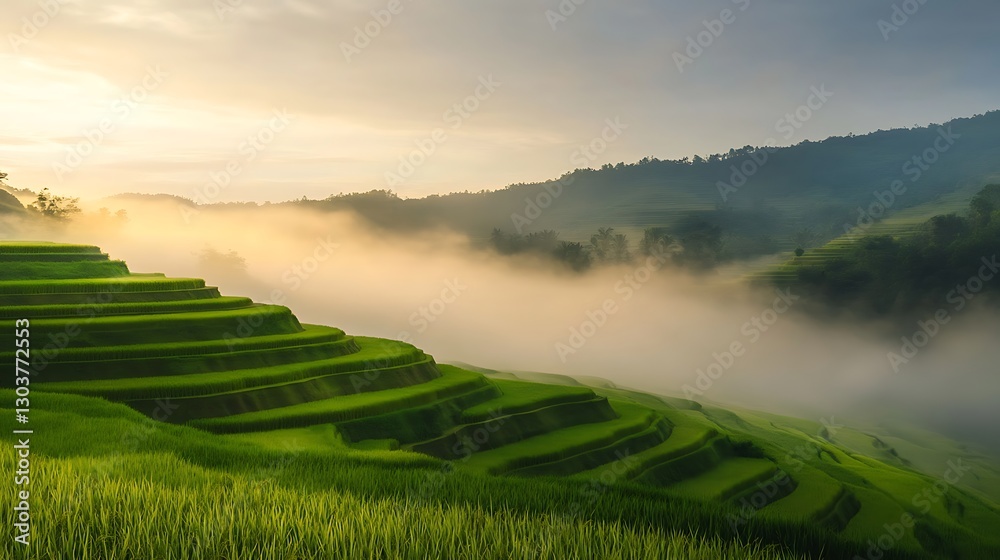 Poster ahmadwahyuutomo776@gmail.com a foggy rice terrace landscape illuminated under glowing light, showcas
