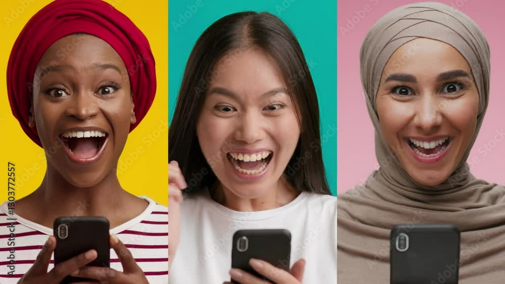 Poster three diverse individuals display excitement while checking their smartphones, set against bright, c