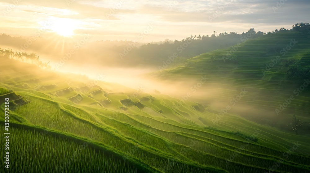 Poster ahmadwahyuutomo776@gmail.com A fog-covered rice terrace glowing under soft light, capturing serene agricultural beauty.
