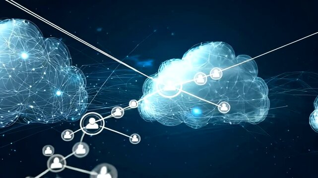 Digital network connection with cloud computing and user icons against a blue background
