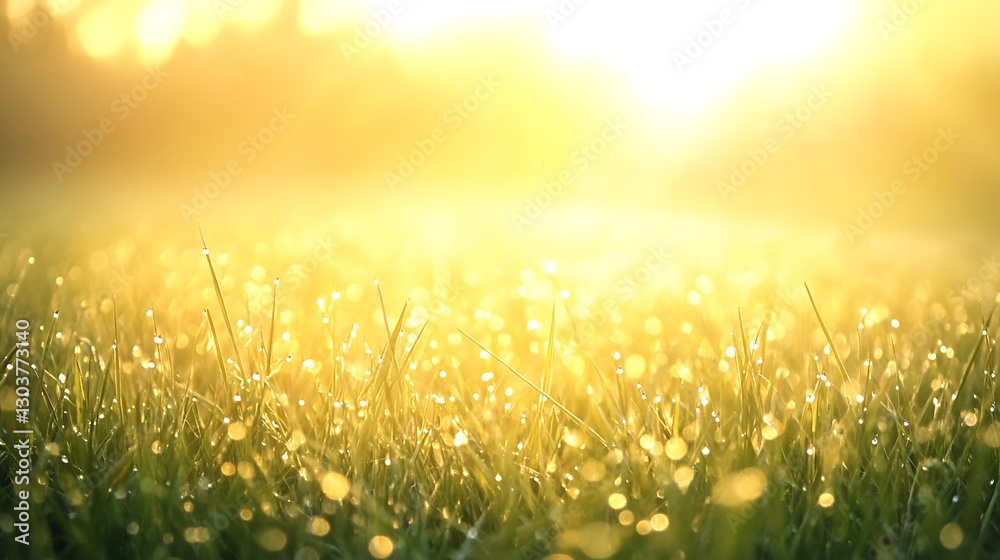 Poster ahmadwahyuutomo776@gmail.com A foggy meadow at dawn with tiny dew drops on grass, capturing a serene natural landscape.