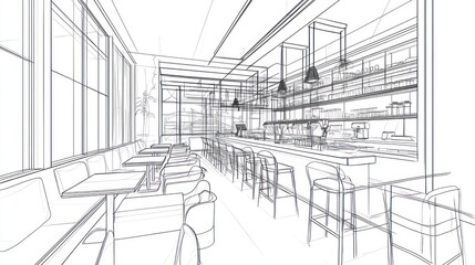 Obraz premium Interior architectural sketch of a modern cafe