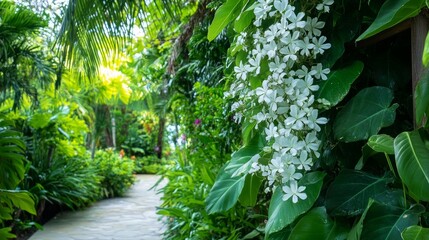 Fototapeta premium Stephanotis flowering vine, hanging on a garden trellis with lush greenery in the background