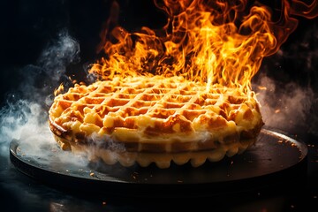 Flaming Giant Waffle Dessert Sweet Treat on Fire Gourmet Food Photography