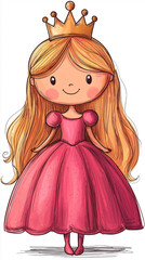 Fototapeta premium Cute colorful sketch of princess with long hair wearing pink dress, and crown.