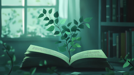An open book with a green plant growing from its pages, symbolizing knowledge and growth in a serene setting. Flourish - Tree. Illustration
