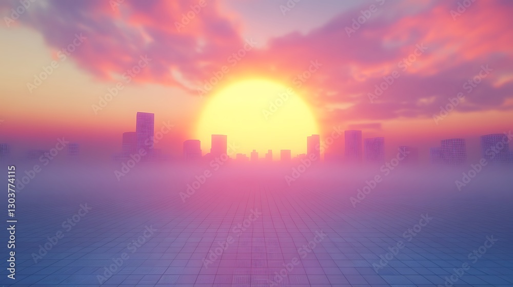 Poster ahmadwahyuutomo776@gmail.com a digital artwork depicting a futuristic sunrise over a cyberpunk city 